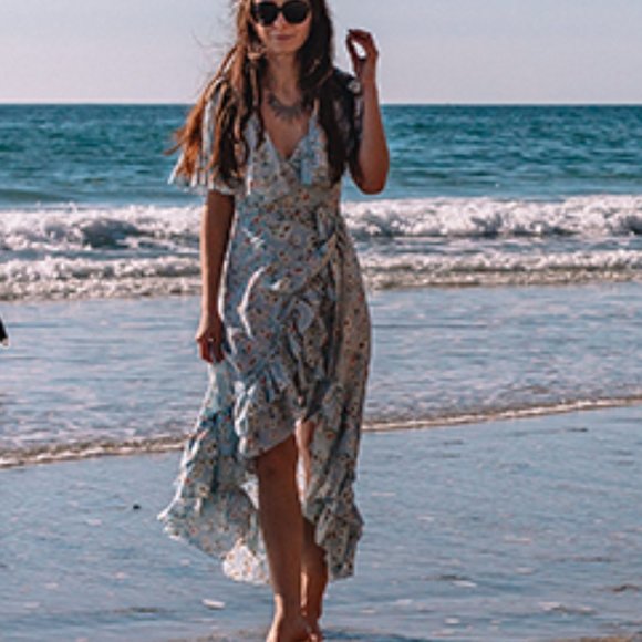 Floral Blue Wrap Dress - Picture 2 of 6